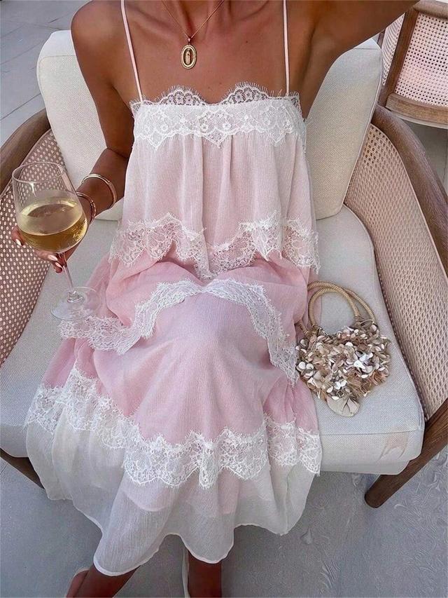 dusty pink tiered ruffle lace patchwork midi dress