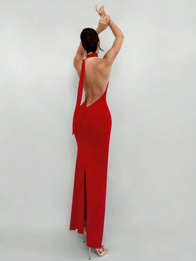 elegant red backless halter mermaid evening dress