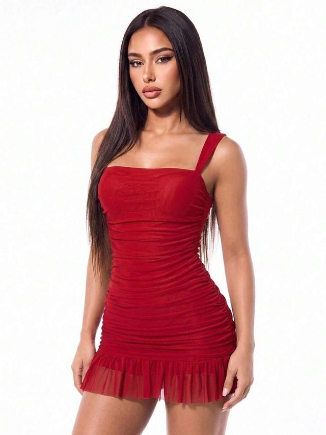 red mesh ruched bodycon mini dress