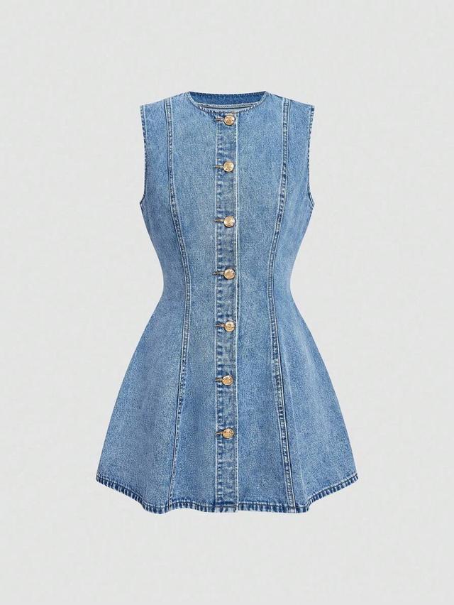sleeveless button-front denim mini dress
