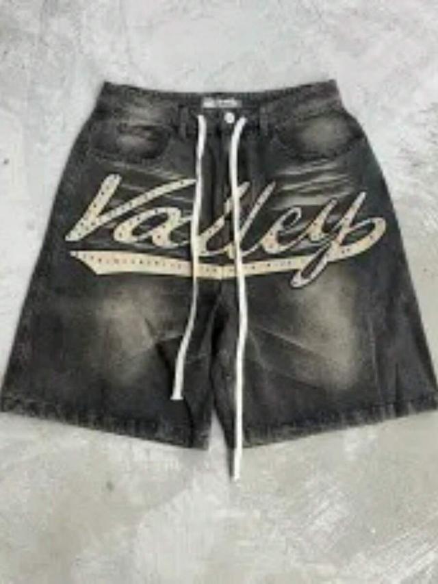 alphabet denim five-point shorts with rhinestone applique