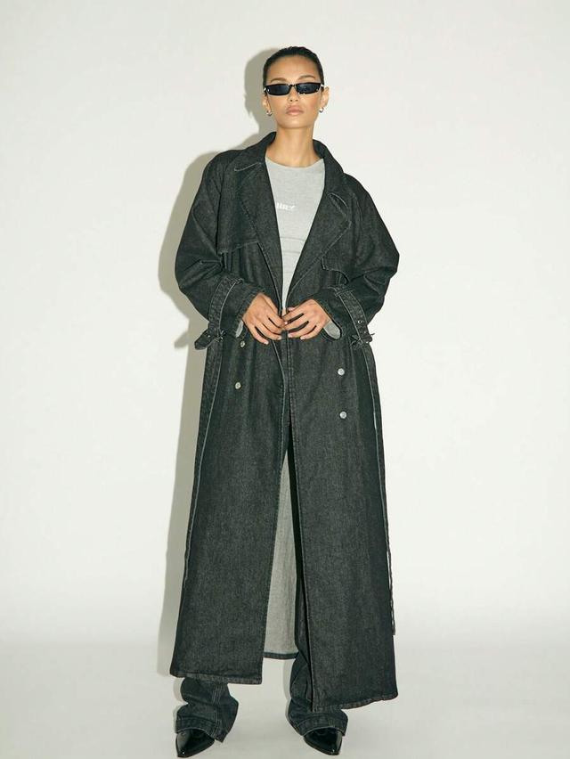 extra long double breasted black denim trench coat