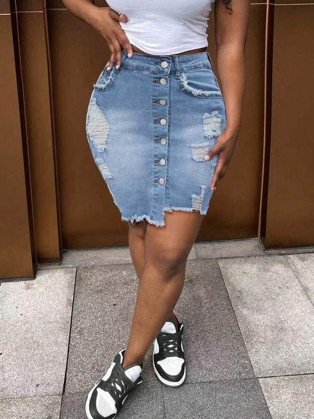 distressed light wash denim button-front mini skirt