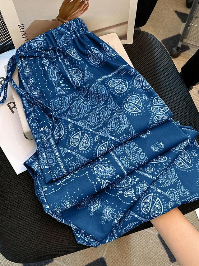 blue paisley print elastic waist long pants