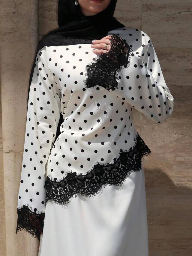 elegant satin polka dot lace patchwork long sleeve top