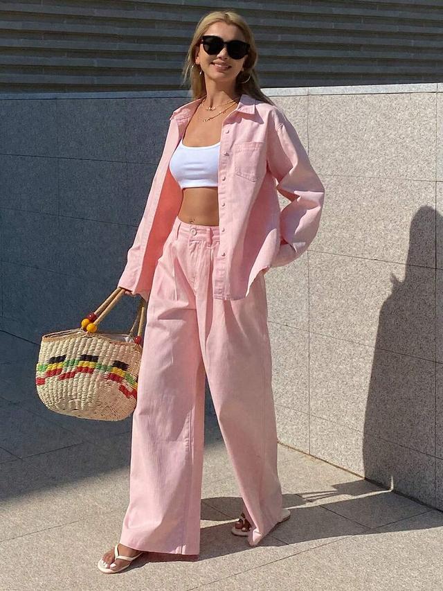 pink solid color denim shirt and jeans set