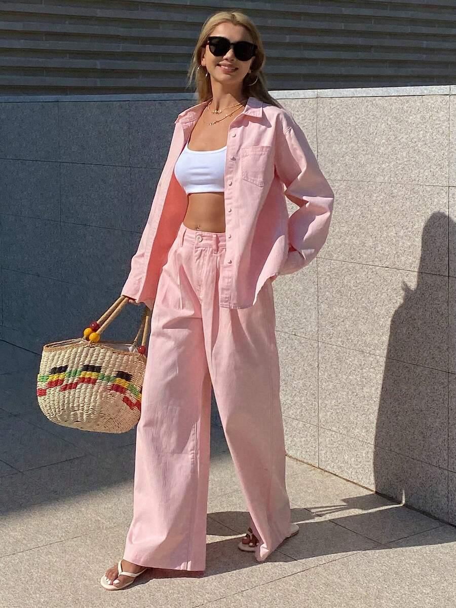 pink solid color denim shirt and jeans set
