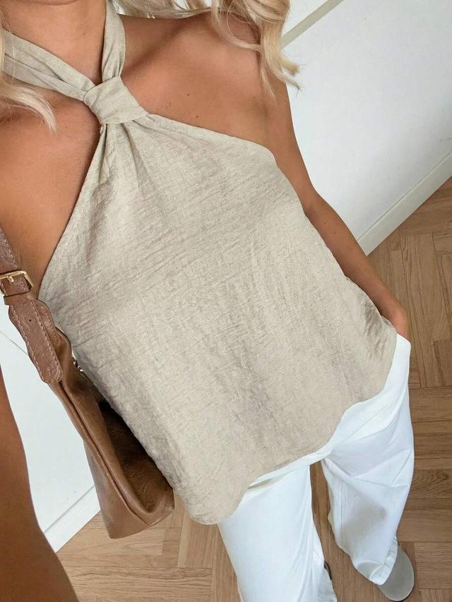 light beige woven casual halter neck blouse