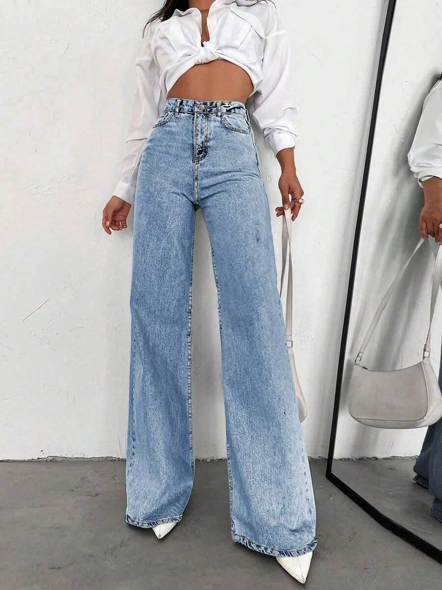 high waisted acid wash wide leg denim jeans