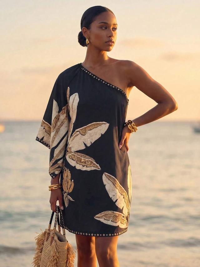black palm embroidery one-sleeve mini dress