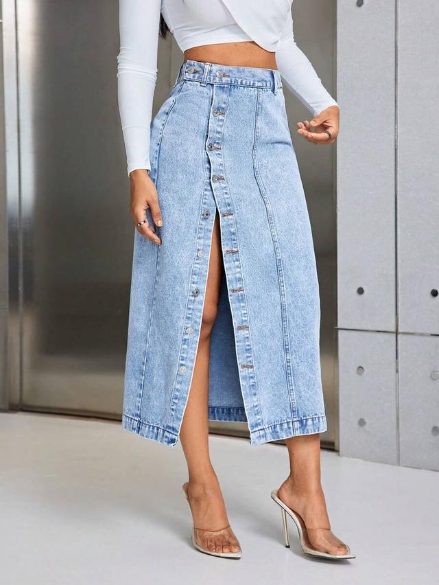 high waist light wash denim midi skirt