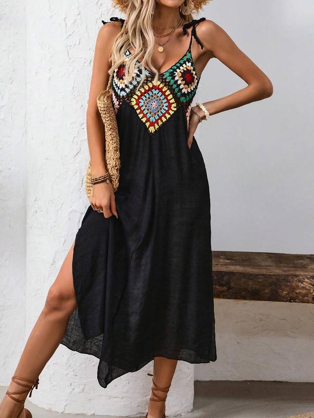 black crochet patchwork maxi vacation beach dress