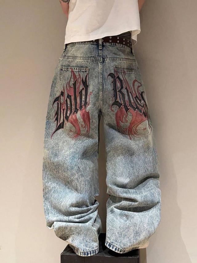 distressed washed denim wide leg jeans with back print