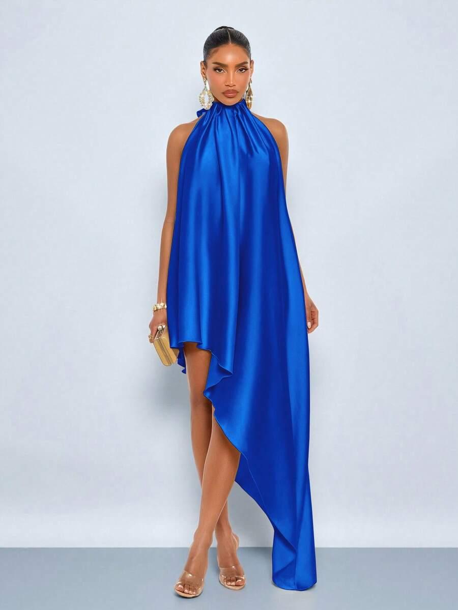 royal blue satin high-low halter neck dress