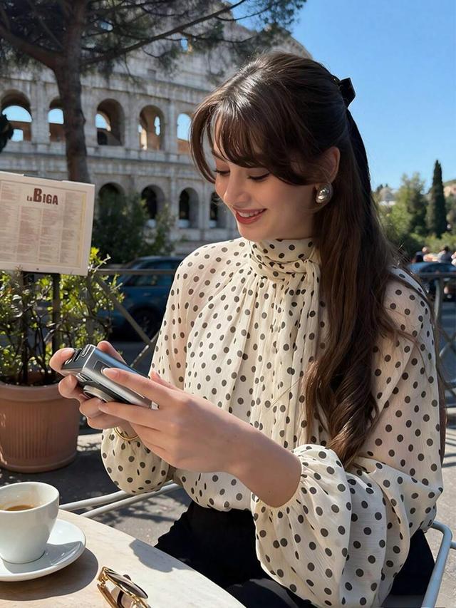 polka dot high neck long sleeve blouse