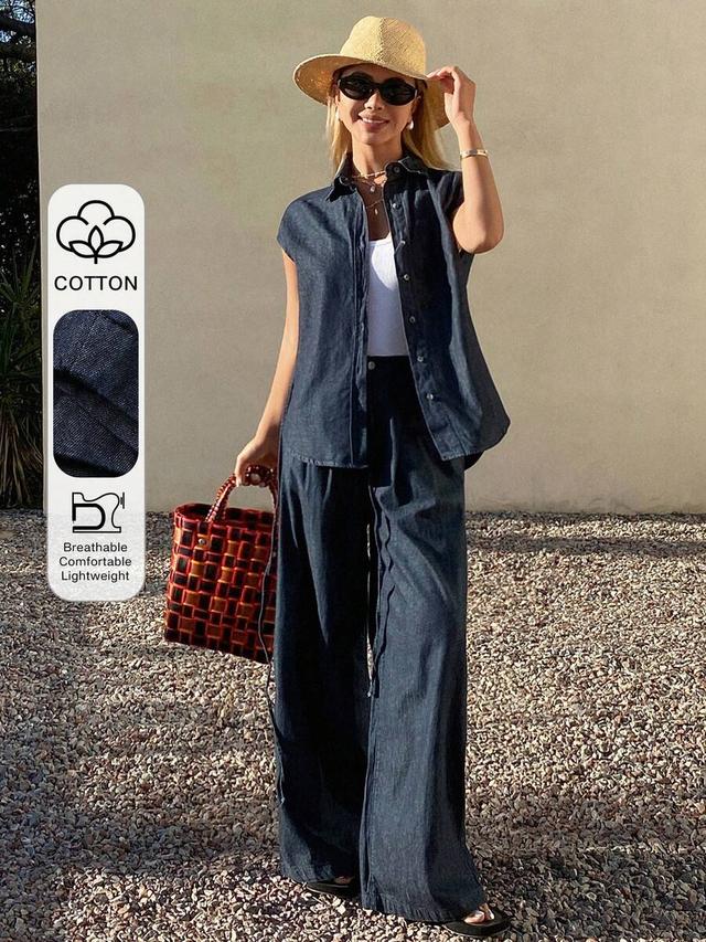 dark wash denim collared shirt and wide leg pants set