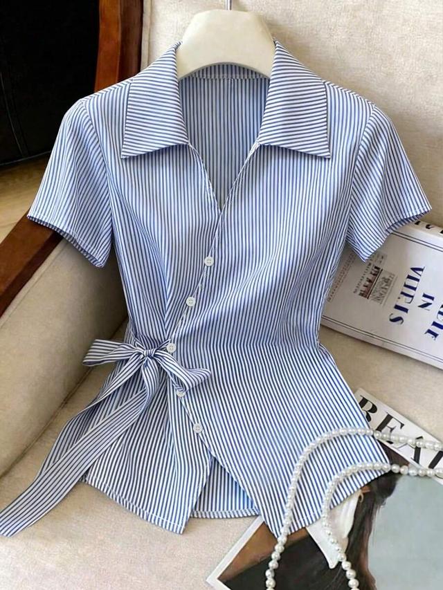 elegant french blue and white stripe tie-waist blouse