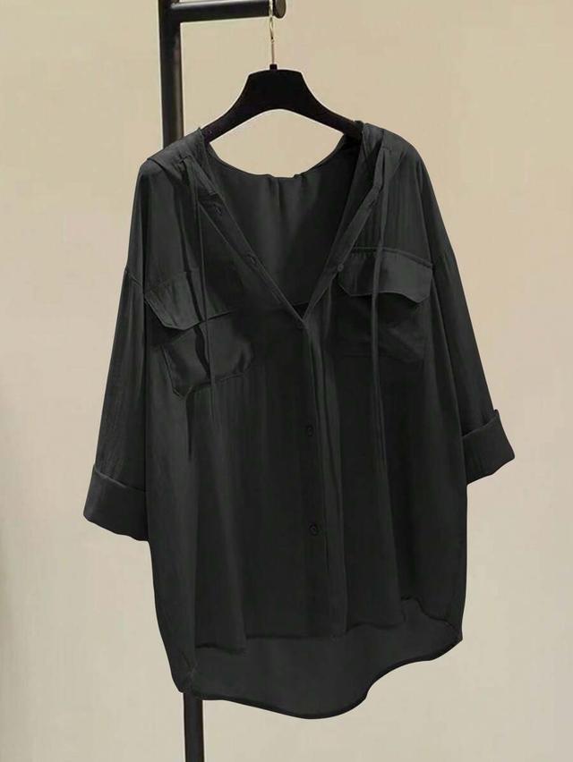black solid color hooded long sleeve blouse