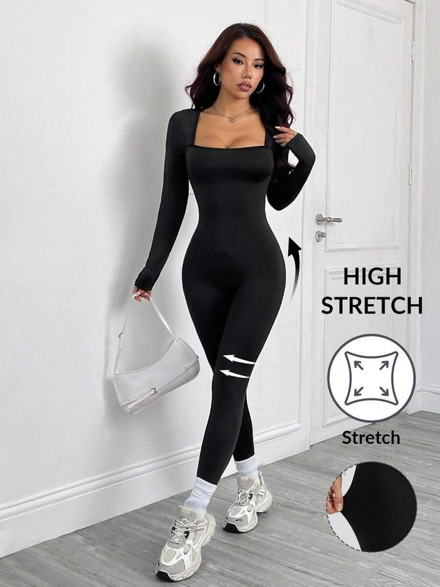 solid black long sleeve square neck bodycon jumpsuit