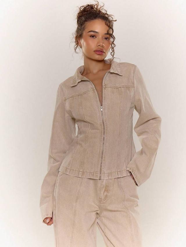 washed bleached denim paneled zip down collared jacket