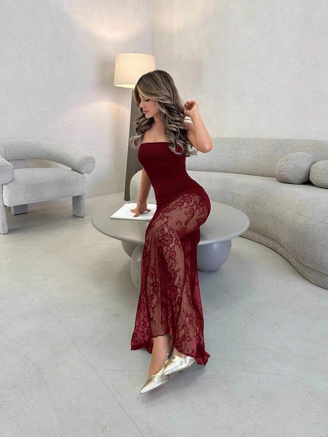 burgundy strapless bodycon maxi dress with lace patchwork