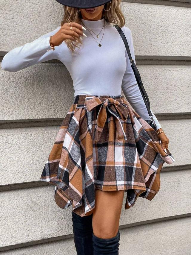 asymmetrical hem plaid brushed fabric skirt