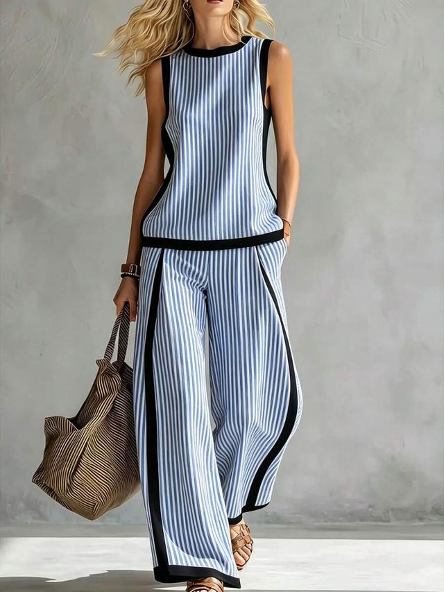 blue and white vertical striped wide-leg pants set