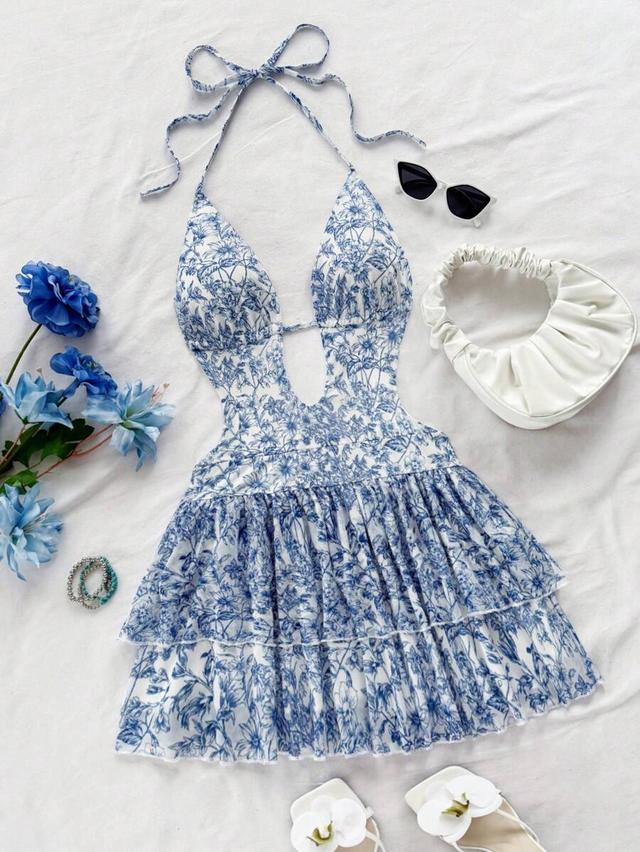 white and blue floral print backless ruffle mini dress