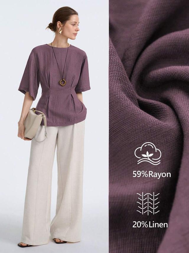 aalyst women's twill linen round neck cinched waist blouse
