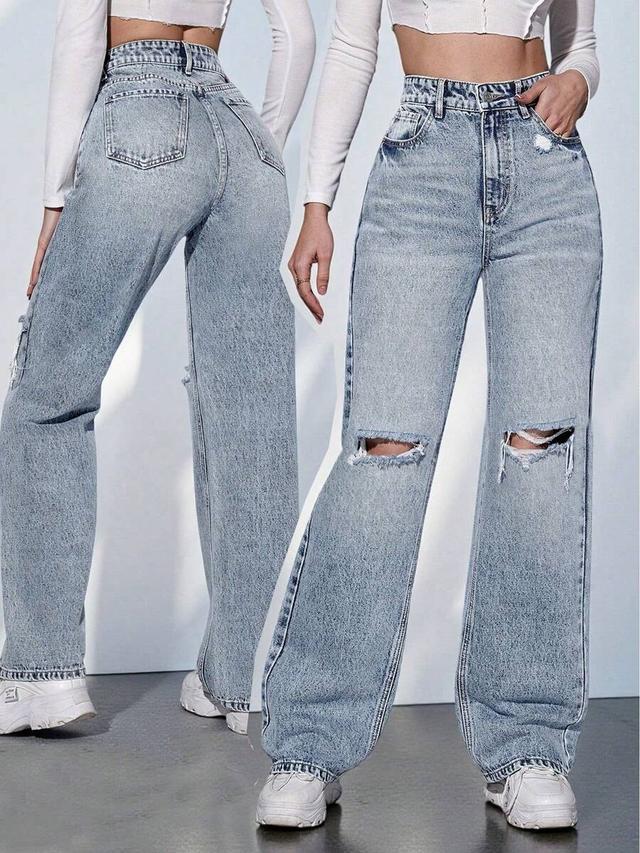 high waist light wash ripped wide leg jeans