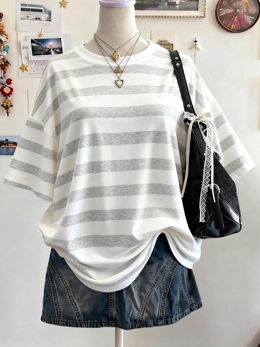 grey and white striped oversized drop shoulder t-shirt