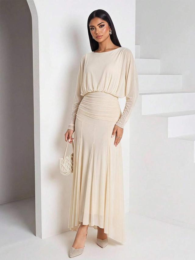 minimalist solid color batwing sleeve pleated waist long dress