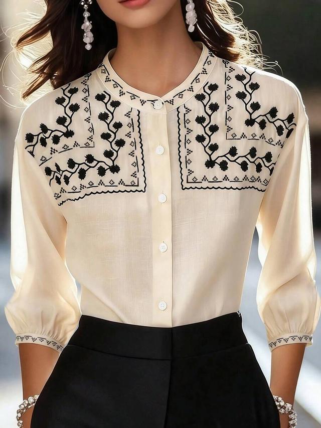 beige plant pattern embroidered casual loose shirt