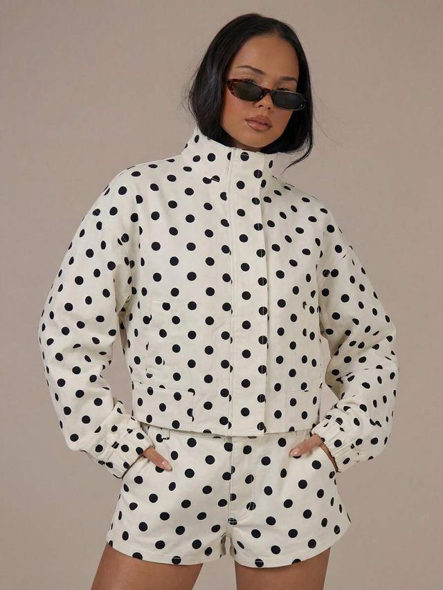 polka dot denim high neck zip jacket