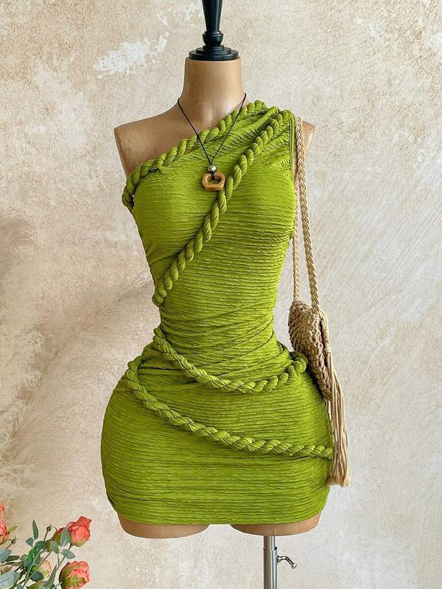 lime green one-shoulder textured mini dress with rope trim