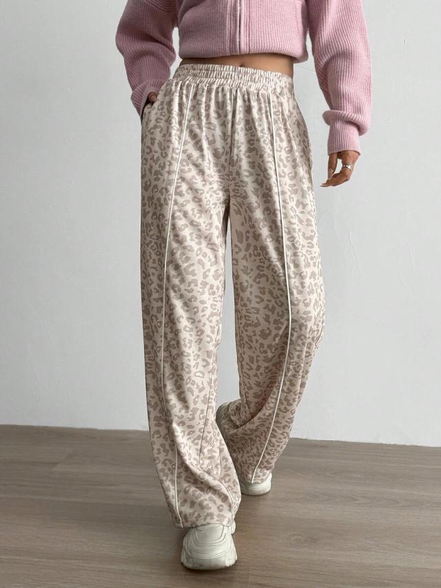 leopard print contrast piping loose track pants