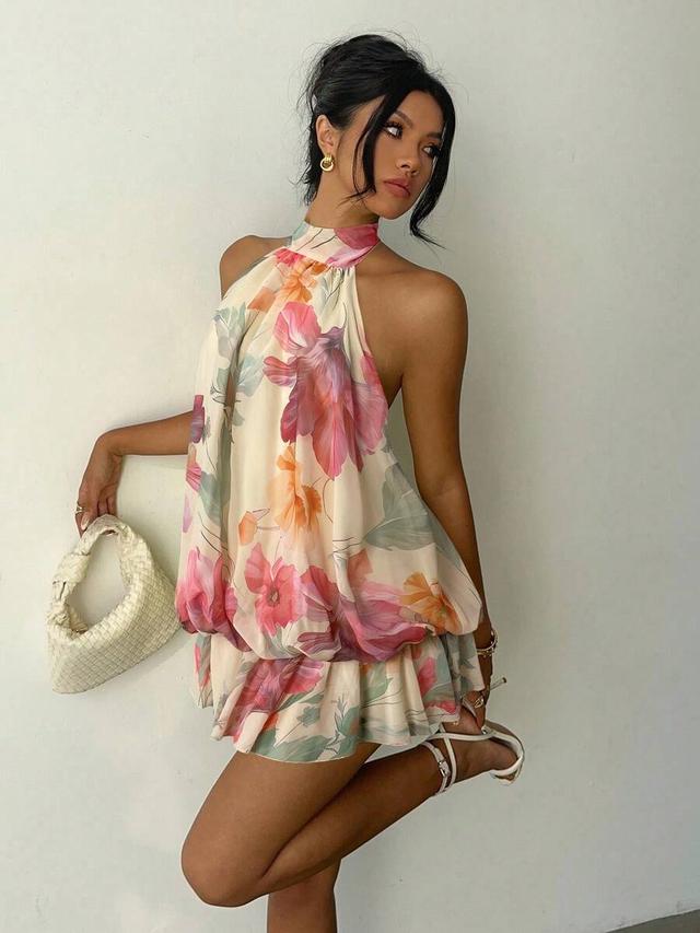floral print halter neck bubble hem mini dress
