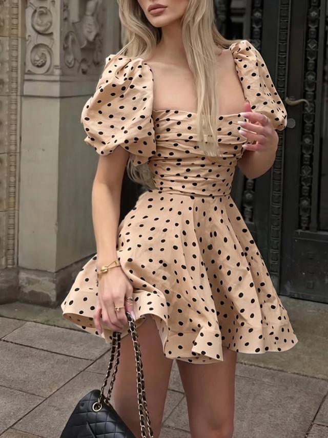 brown polka dot mini dress with puff sleeves