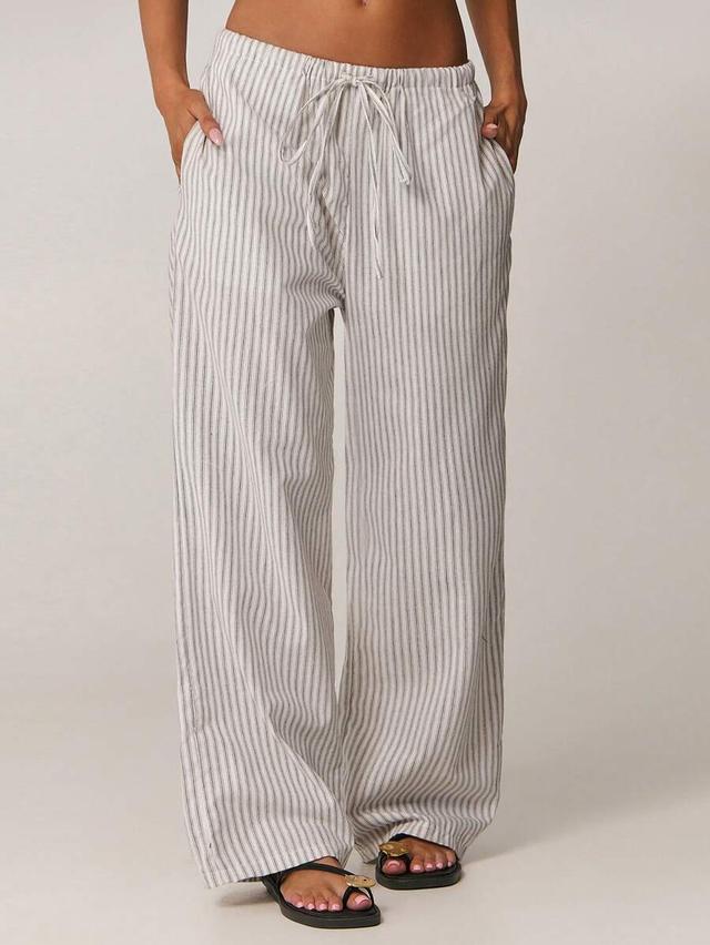 striped elastic waist drawstring woven long pants