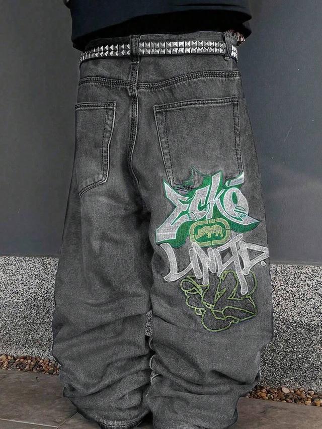 grey washed embroidered wide-leg y2k jeans