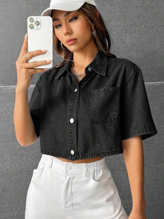 black denim button-up cropped shirt