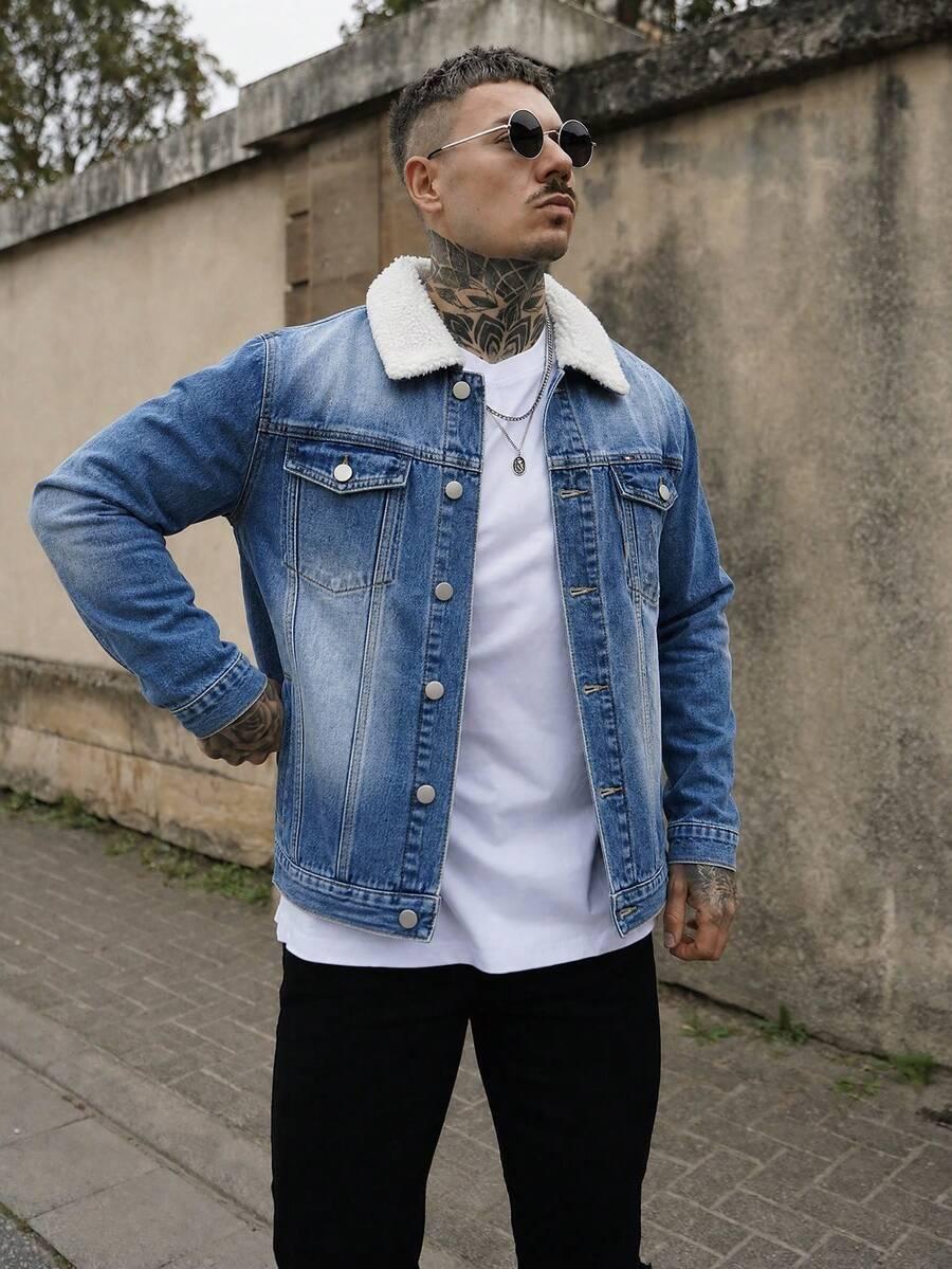 men's retro american style denim jacket with sherpa collar
