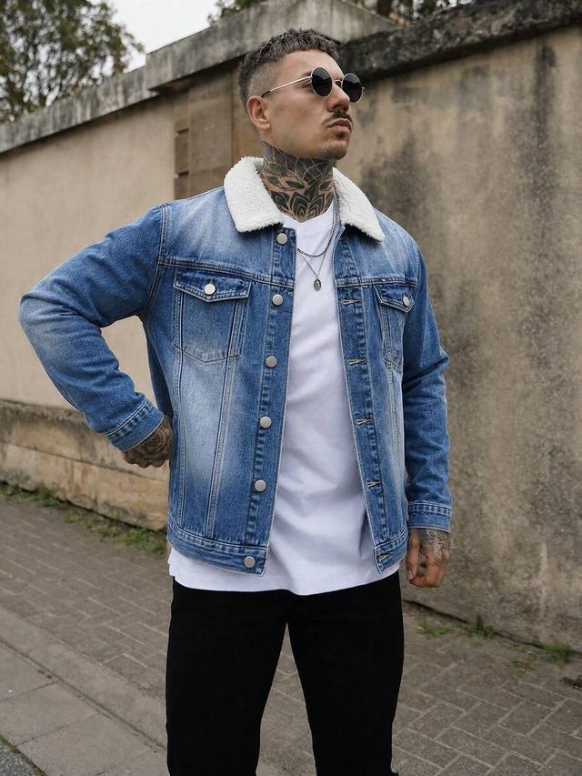 men's retro american style denim jacket with sherpa collar