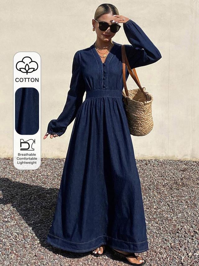 dark wash denim long sleeve midi dress
