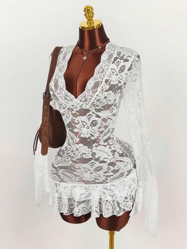 white floral lace long sleeve mini party dress