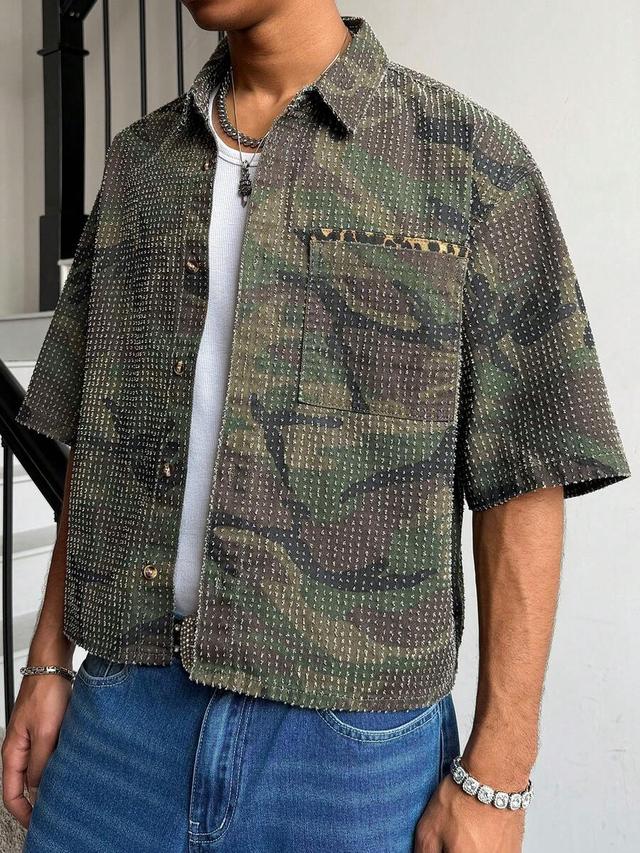 camouflage crochet short sleeve button down shirt