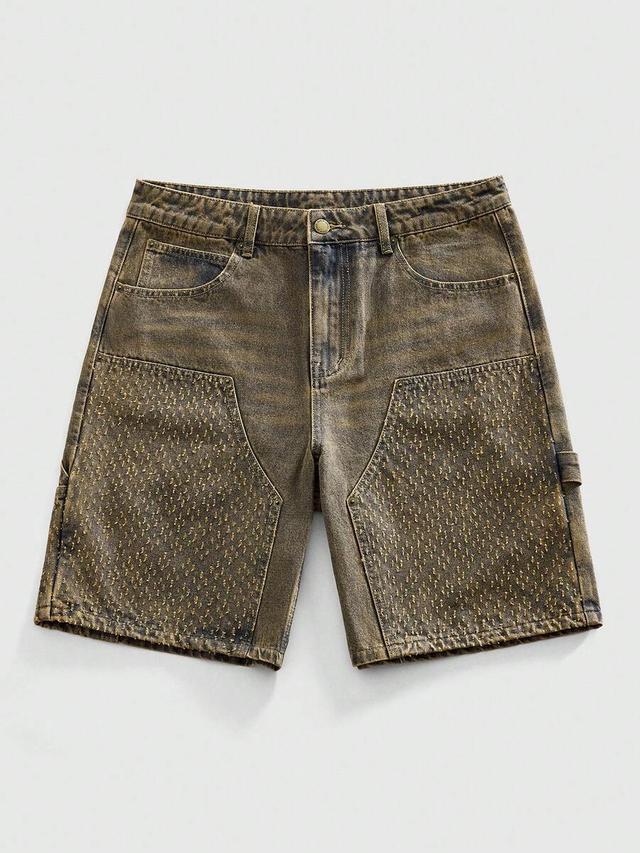 washed denim cargo shorts with distressed texture