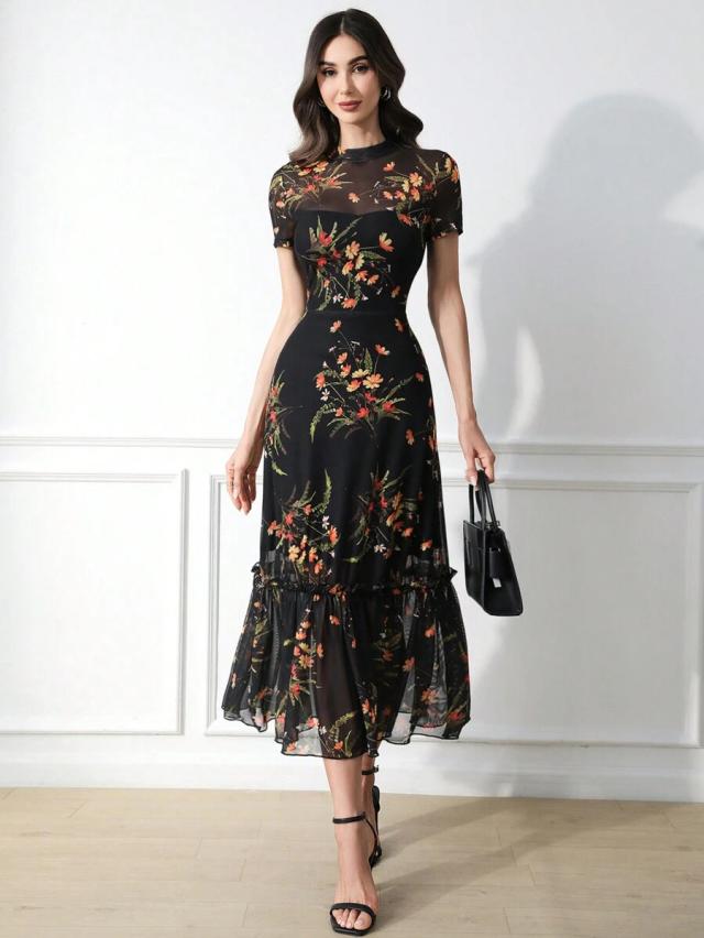 women's gothic floral print mesh ruffle hem maxi dress