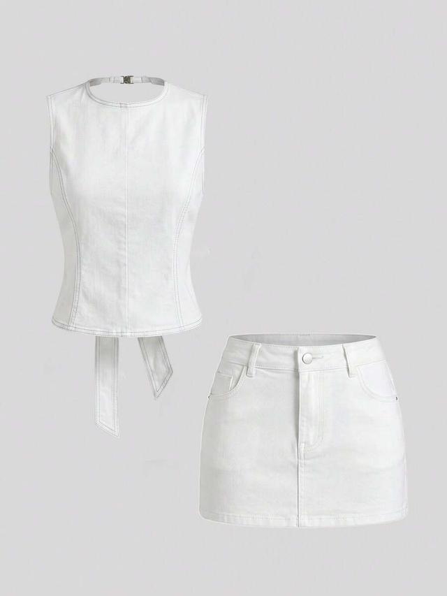 white sleeveless denim top with tie back