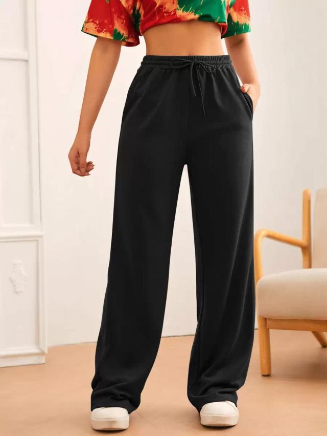 solid black drawstring waist wide leg sweatpants